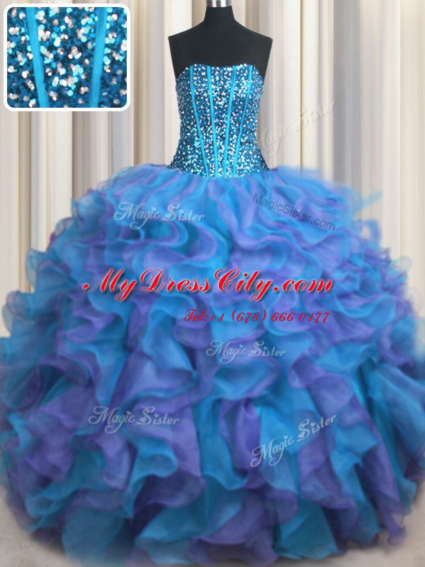 Spectacular Visible Boning Bling-bling Strapless Sleeveless Organza Quince Ball Gowns Beading and Ruffles Lace Up