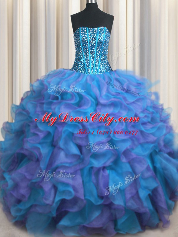 Spectacular Visible Boning Bling-bling Strapless Sleeveless Organza Quince Ball Gowns Beading and Ruffles Lace Up