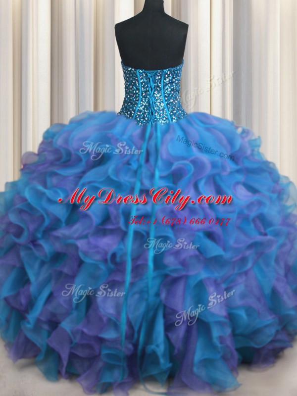 Spectacular Visible Boning Bling-bling Strapless Sleeveless Organza Quince Ball Gowns Beading and Ruffles Lace Up