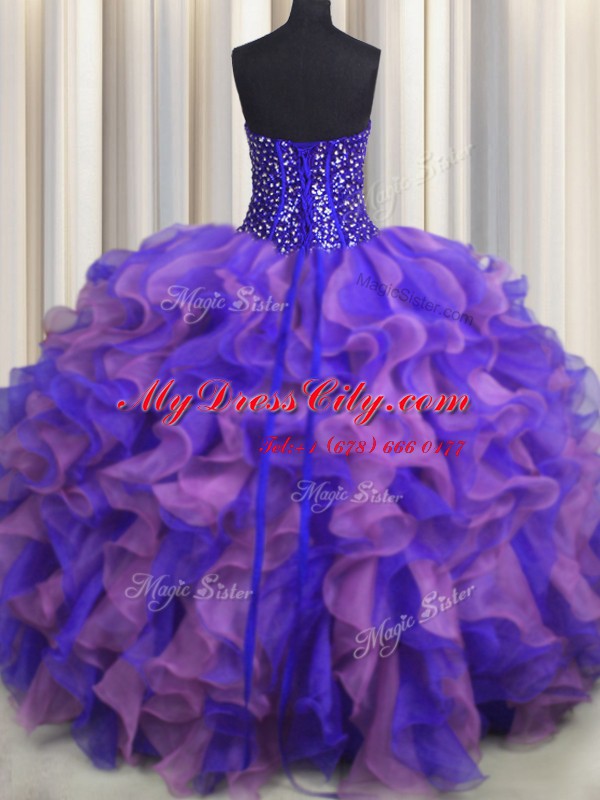 Cheap Visible Boning Bling-bling Sleeveless Lace Up Floor Length Beading and Ruffles Quince Ball Gowns