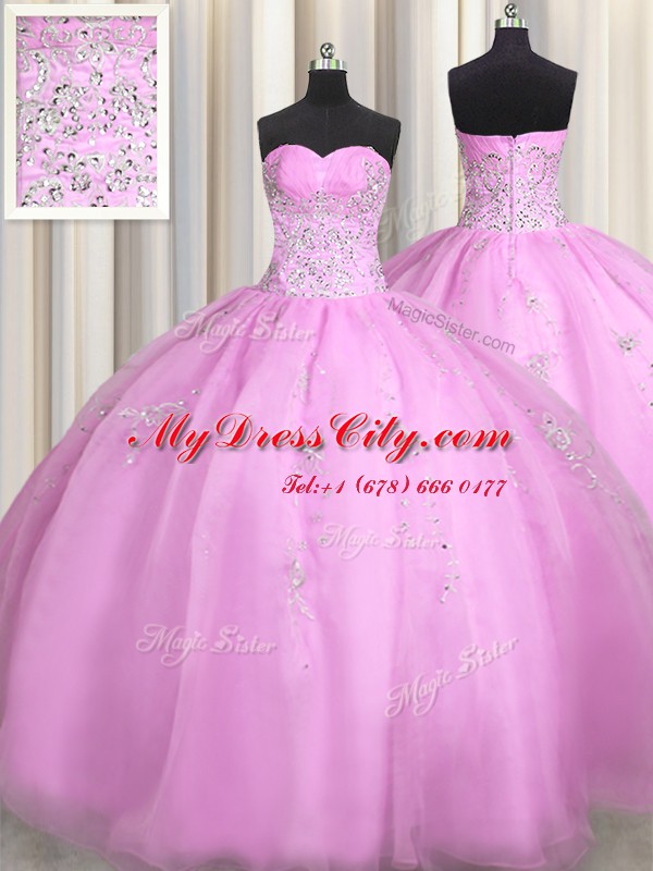 Elegant Lilac Ball Gowns Beading and Appliques Quinceanera Dress Lace Up Organza Sleeveless Floor Length