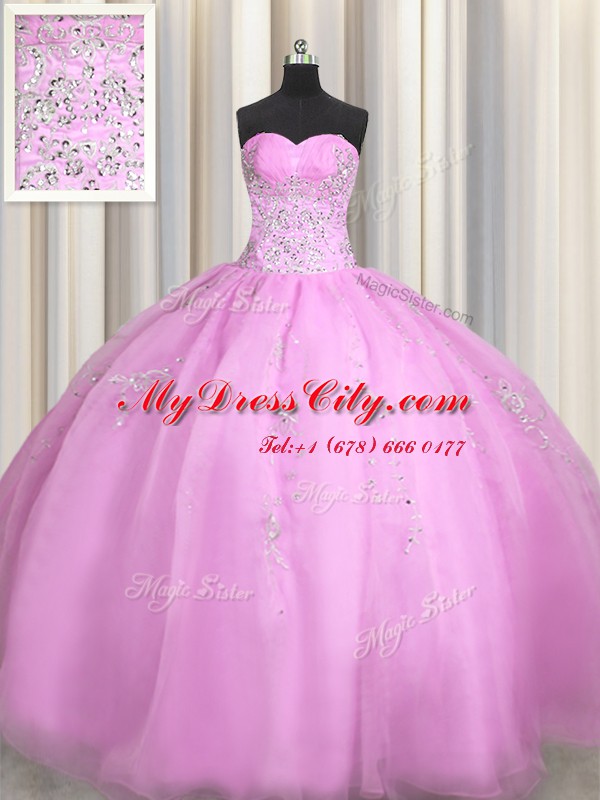 Elegant Lilac Ball Gowns Beading and Appliques Quinceanera Dress Lace Up Organza Sleeveless Floor Length