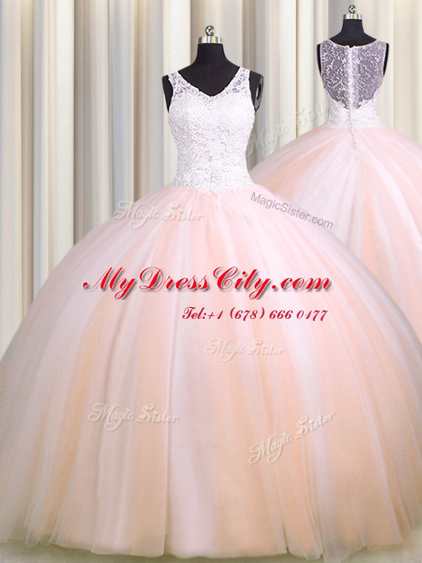 Decent See Through Back Zipple Up Tulle V-neck Sleeveless Brush Train Zipper Beading and Appliques Quinceanera Gown in Baby Pink and Peach