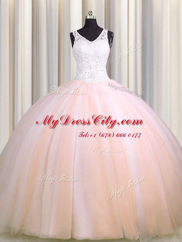 Decent See Through Back Zipple Up Tulle V-neck Sleeveless Brush Train Zipper Beading and Appliques Quinceanera Gown in Baby Pink and Peach