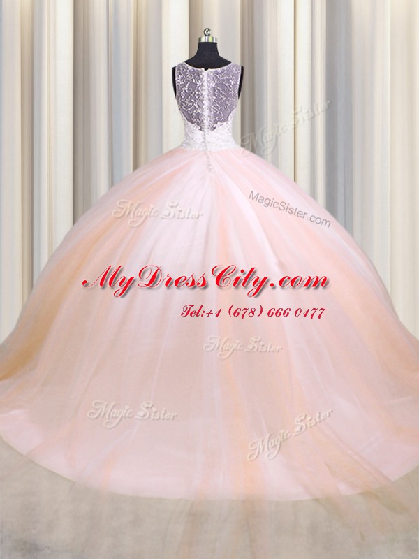 Decent See Through Back Zipple Up Tulle V-neck Sleeveless Brush Train Zipper Beading and Appliques Quinceanera Gown in Baby Pink and Peach