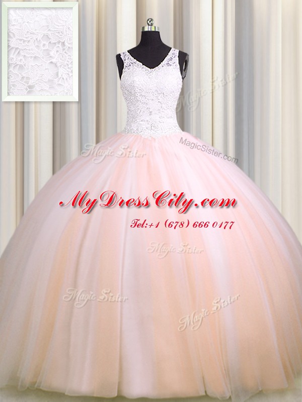 Decent See Through Back Zipple Up Tulle V-neck Sleeveless Brush Train Zipper Beading and Appliques Quinceanera Gown in Baby Pink and Peach