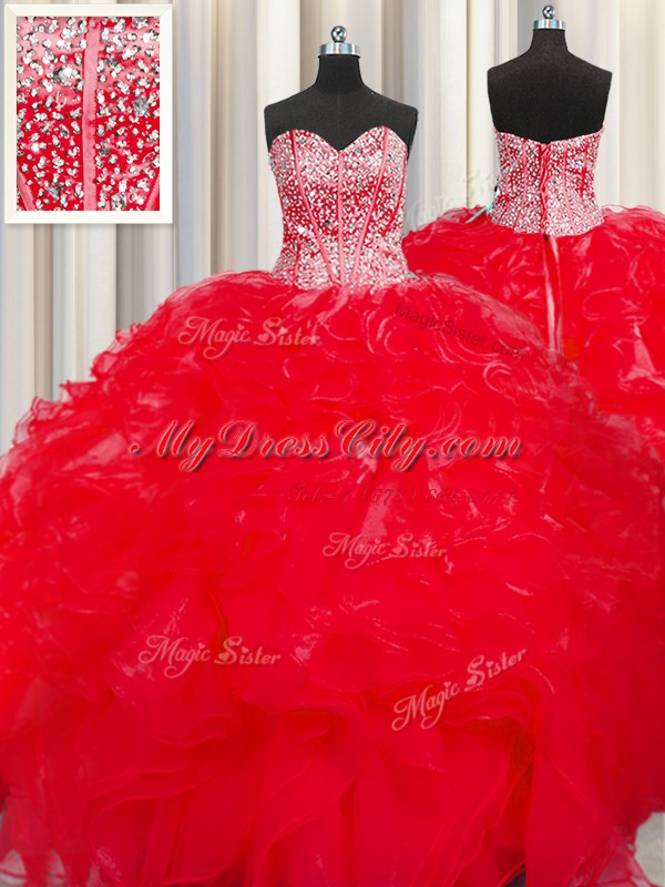 Cute Visible Boning Beaded Bodice Red Sweetheart Lace Up Beading and Ruffles Sweet 16 Quinceanera Dress Sleeveless