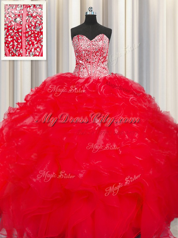 Cute Visible Boning Beaded Bodice Red Sweetheart Lace Up Beading and Ruffles Sweet 16 Quinceanera Dress Sleeveless