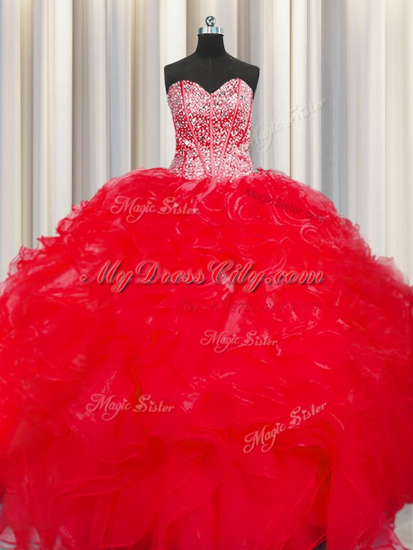 Cute Visible Boning Beaded Bodice Red Sweetheart Lace Up Beading and Ruffles Sweet 16 Quinceanera Dress Sleeveless