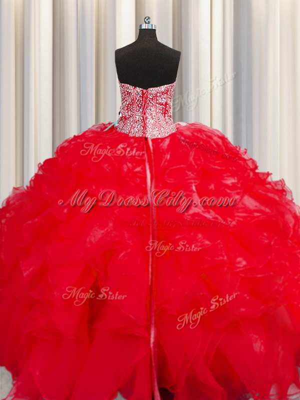 Cute Visible Boning Beaded Bodice Red Sweetheart Lace Up Beading and Ruffles Sweet 16 Quinceanera Dress Sleeveless