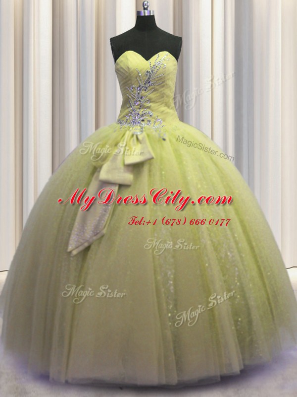 Light Yellow Tulle Lace Up Quinceanera Gowns Sleeveless Floor Length Beading and Sequins and Bowknot