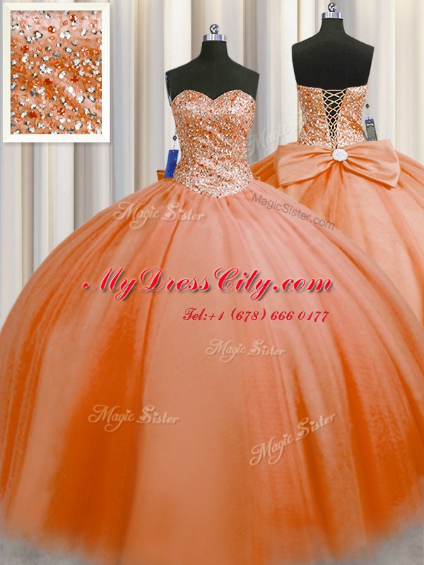 Puffy Skirt Orange Red Tulle Lace Up Sweetheart Sleeveless Floor Length Sweet 16 Dresses Beading