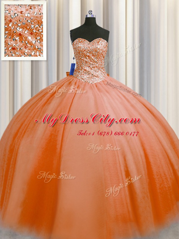 Puffy Skirt Orange Red Tulle Lace Up Sweetheart Sleeveless Floor Length Sweet 16 Dresses Beading