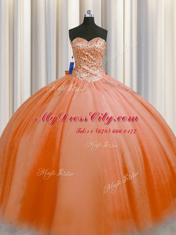 Puffy Skirt Orange Red Tulle Lace Up Sweetheart Sleeveless Floor Length Sweet 16 Dresses Beading