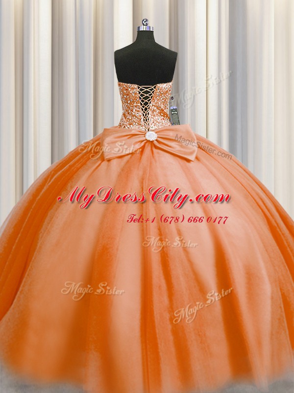 Puffy Skirt Orange Red Tulle Lace Up Sweetheart Sleeveless Floor Length Sweet 16 Dresses Beading