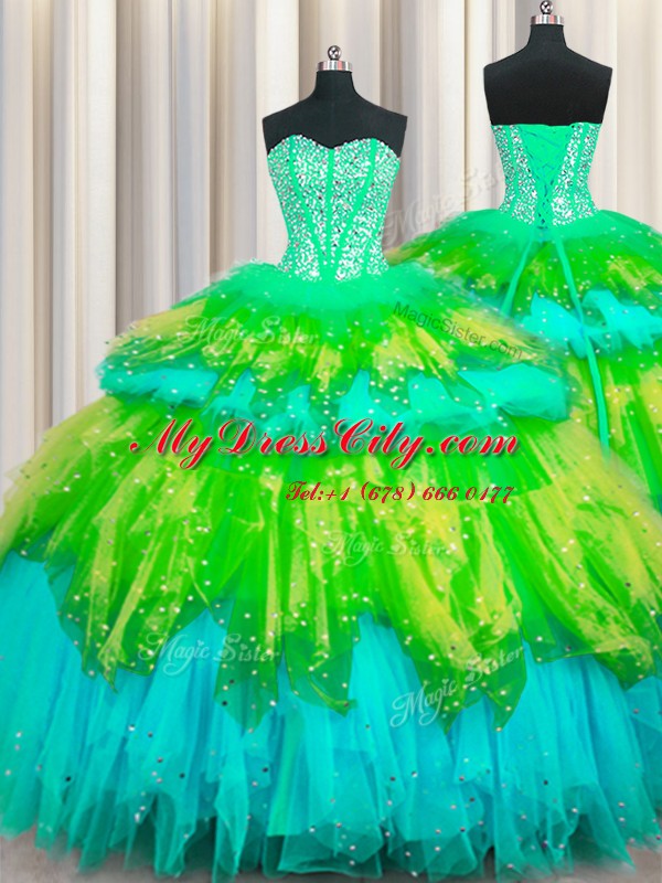 Bling-bling Visible Boning Multi-color Ball Gowns Beading and Ruffles and Ruffled Layers and Sequins Quinceanera Dresses Lace Up Tulle Sleeveless Floor Length