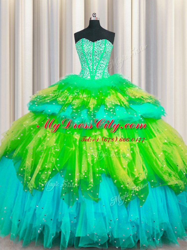 Bling-bling Visible Boning Multi-color Ball Gowns Beading and Ruffles and Ruffled Layers and Sequins Quinceanera Dresses Lace Up Tulle Sleeveless Floor Length