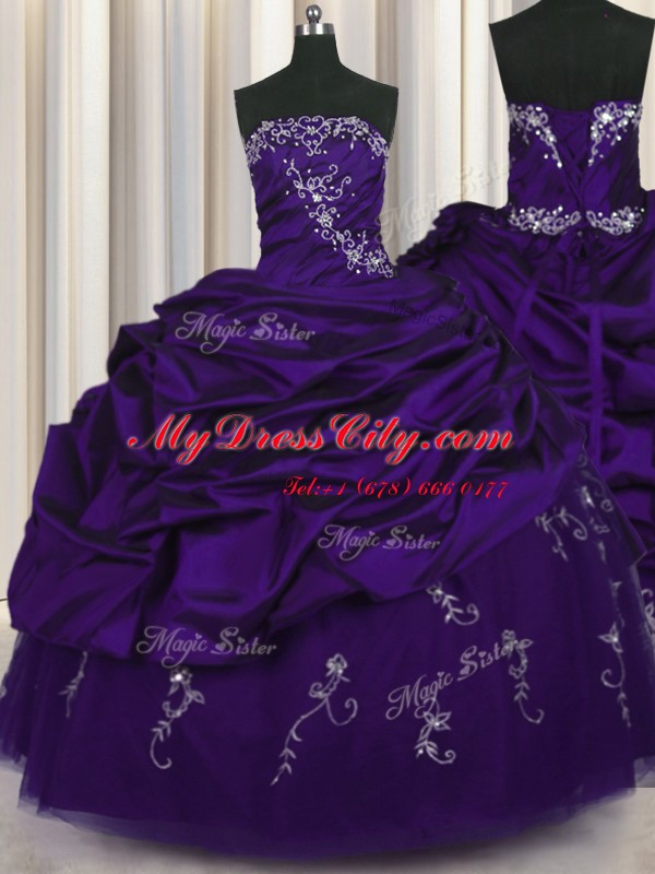 Pick Ups Embroidery Strapless Sleeveless Lace Up 15 Quinceanera Dress Purple Taffeta