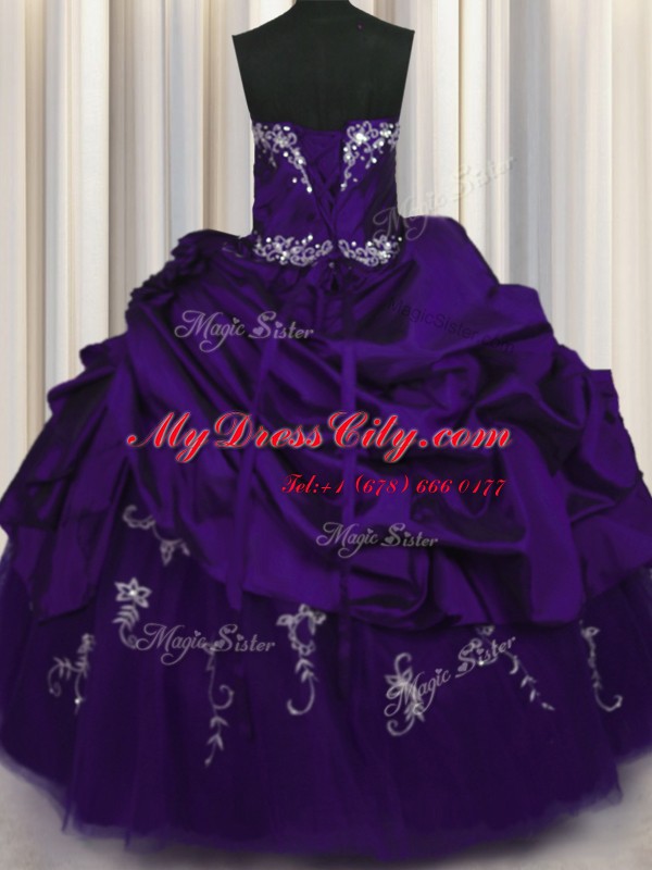 Pick Ups Embroidery Strapless Sleeveless Lace Up 15 Quinceanera Dress Purple Taffeta