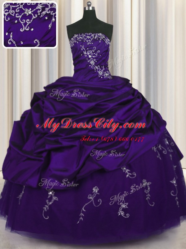 Pick Ups Embroidery Strapless Sleeveless Lace Up 15 Quinceanera Dress Purple Taffeta