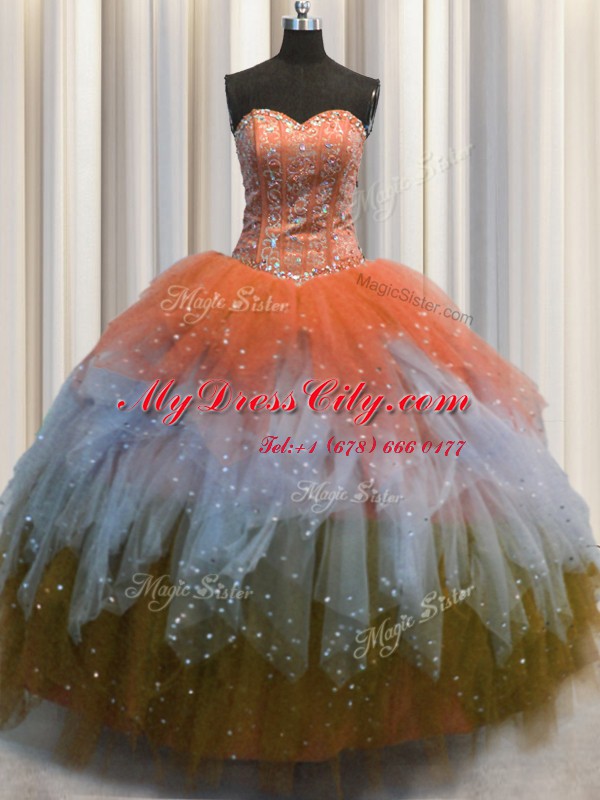 Visible Boning Multi-color Tulle Lace Up 15 Quinceanera Dress Sleeveless Floor Length Beading and Ruffles and Sequins