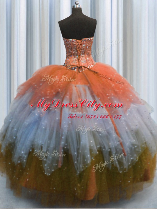 Visible Boning Multi-color Tulle Lace Up 15 Quinceanera Dress Sleeveless Floor Length Beading and Ruffles and Sequins