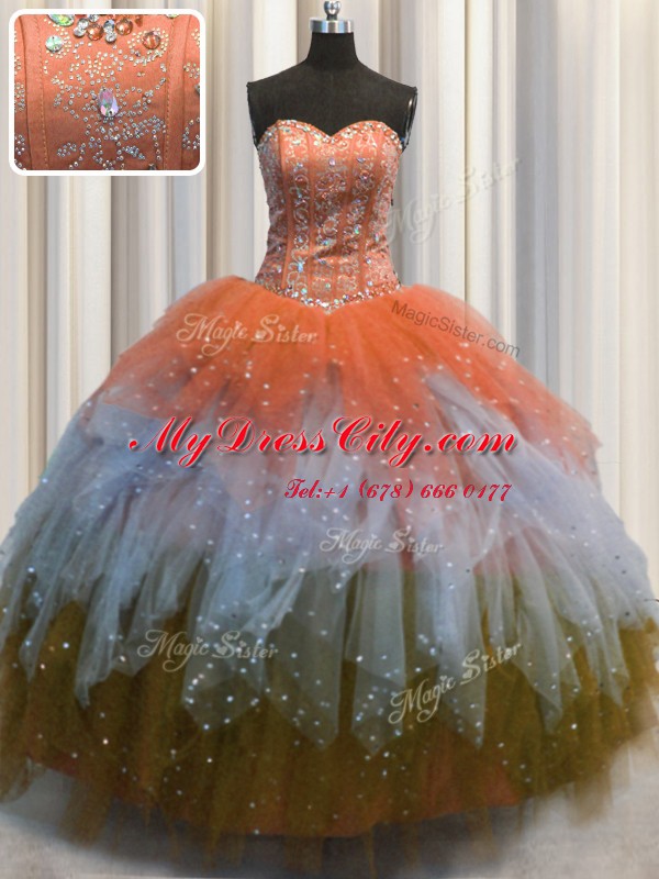 Visible Boning Multi-color Tulle Lace Up 15 Quinceanera Dress Sleeveless Floor Length Beading and Ruffles and Sequins