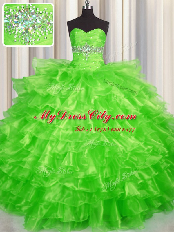 Ideal Organza Lace Up Sweetheart Sleeveless Floor Length Quinceanera Gowns Beading and Ruffled Layers