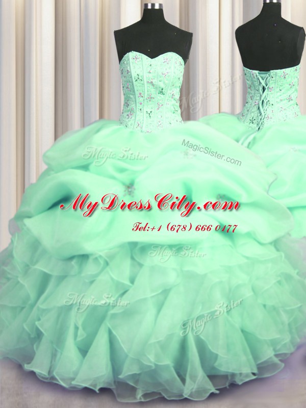 Visible Boning Apple Green Ball Gowns Organza Sweetheart Sleeveless Beading and Ruffles Floor Length Lace Up Ball Gown Prom Dress