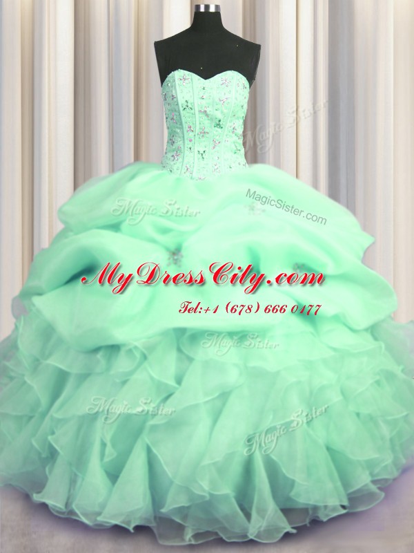 Visible Boning Apple Green Ball Gowns Organza Sweetheart Sleeveless Beading and Ruffles Floor Length Lace Up Ball Gown Prom Dress