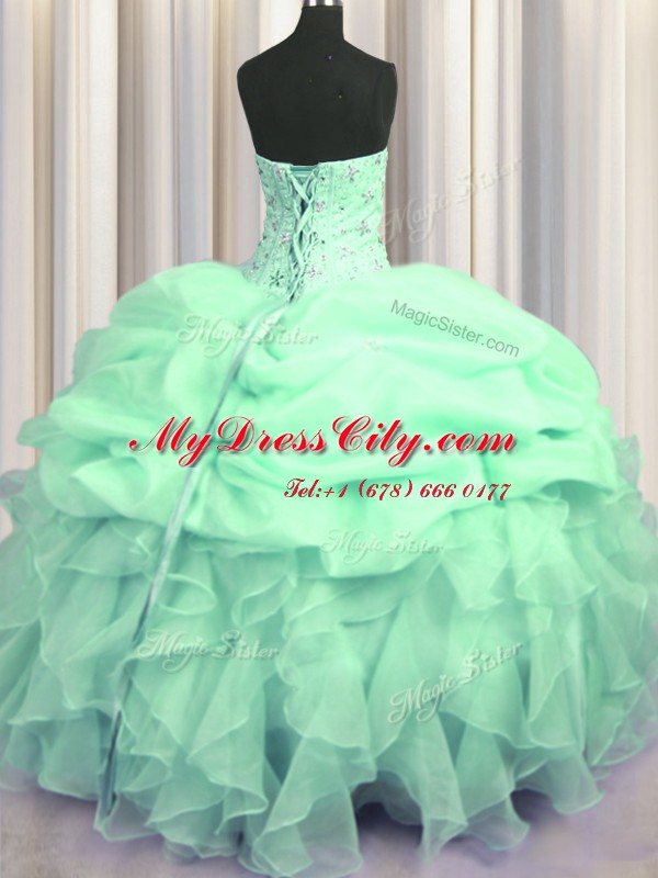 Visible Boning Apple Green Ball Gowns Organza Sweetheart Sleeveless Beading and Ruffles Floor Length Lace Up Ball Gown Prom Dress