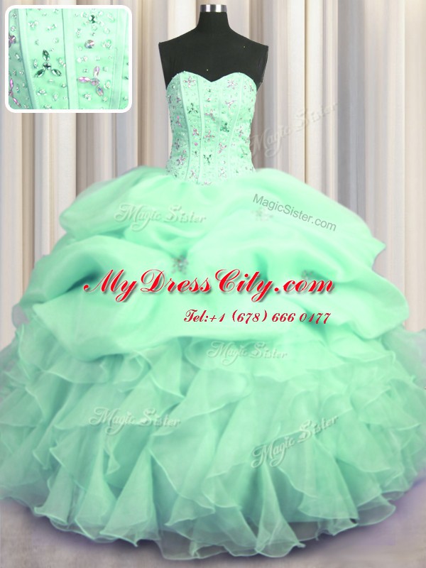 Visible Boning Apple Green Ball Gowns Organza Sweetheart Sleeveless Beading and Ruffles Floor Length Lace Up Ball Gown Prom Dress