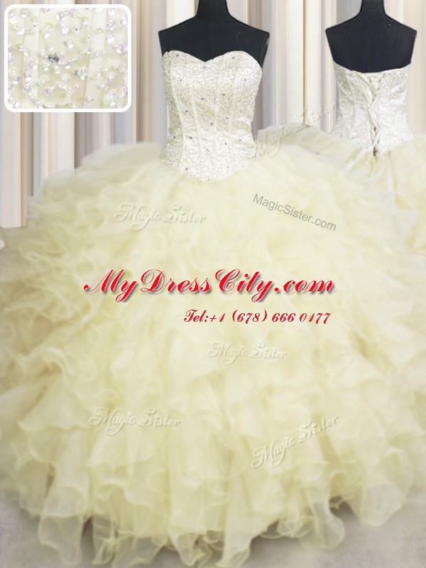 Customized Sleeveless Organza Floor Length Lace Up Quinceanera Gowns in Light Yellow with Beading and Ruffles