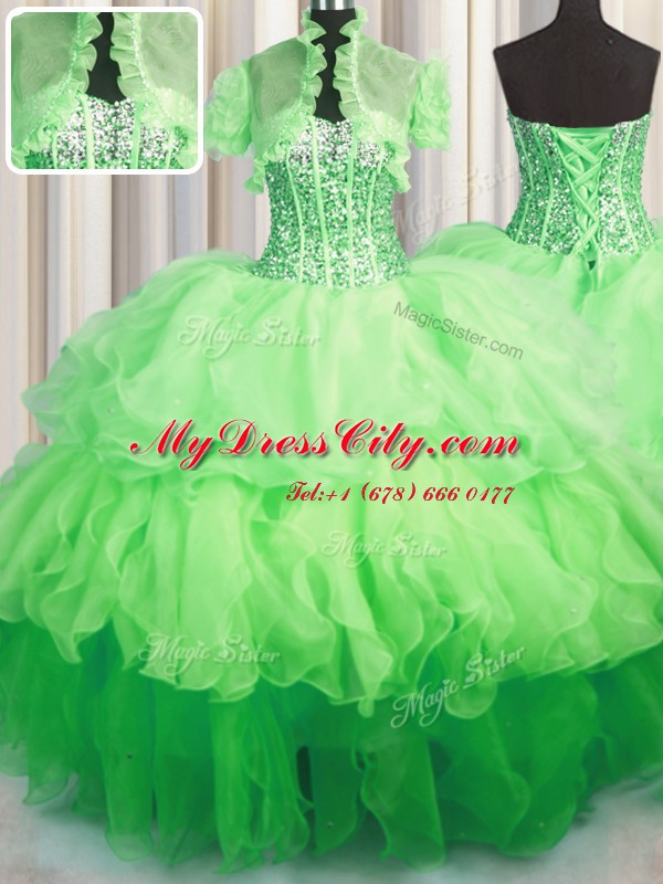 Visible Boning Bling-bling Sweetheart Sleeveless Organza Vestidos de Quinceanera Beading and Ruffled Layers Lace Up