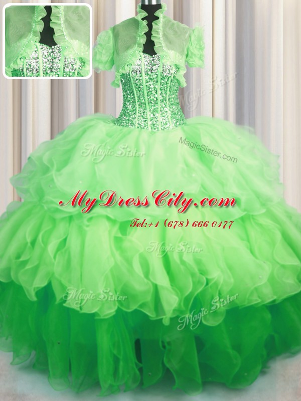 Visible Boning Bling-bling Sweetheart Sleeveless Organza Vestidos de Quinceanera Beading and Ruffled Layers Lace Up