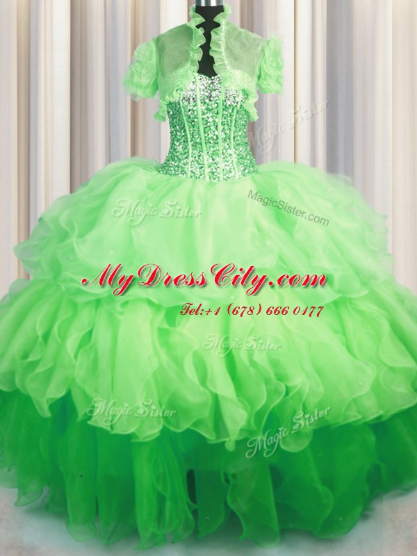 Visible Boning Bling-bling Sweetheart Sleeveless Organza Vestidos de Quinceanera Beading and Ruffled Layers Lace Up