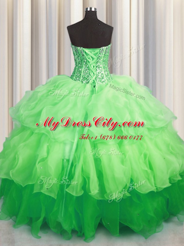 Visible Boning Bling-bling Sweetheart Sleeveless Organza Vestidos de Quinceanera Beading and Ruffled Layers Lace Up