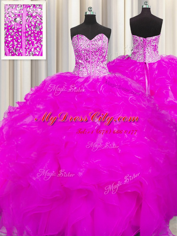 High Class Visible Boning Beaded Bodice Fuchsia Lace Up 15th Birthday Dress Beading and Ruffles Sleeveless Floor Length