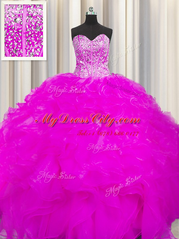 High Class Visible Boning Beaded Bodice Fuchsia Lace Up 15th Birthday Dress Beading and Ruffles Sleeveless Floor Length