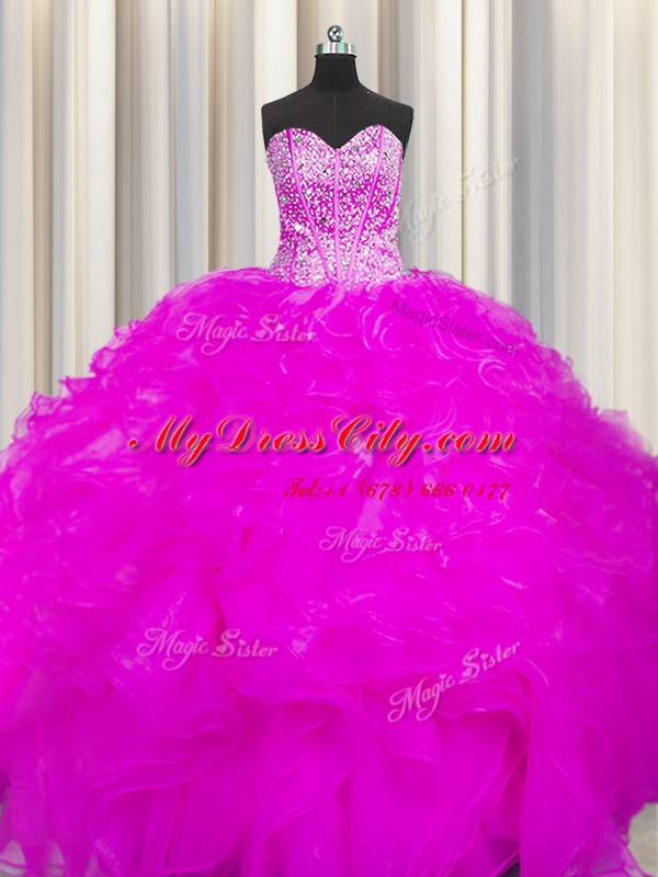 High Class Visible Boning Beaded Bodice Fuchsia Lace Up 15th Birthday Dress Beading and Ruffles Sleeveless Floor Length