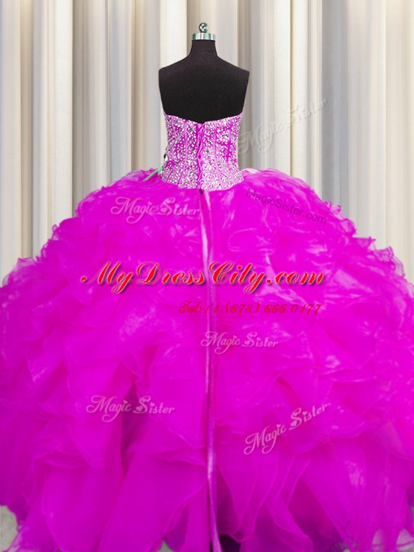 High Class Visible Boning Beaded Bodice Fuchsia Lace Up 15th Birthday Dress Beading and Ruffles Sleeveless Floor Length