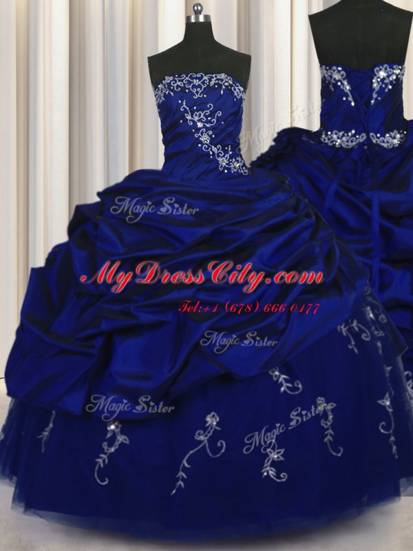 Royal Blue Ball Gowns Beading and Embroidery and Pick Ups Quinceanera Dresses Lace Up Taffeta Sleeveless Floor Length