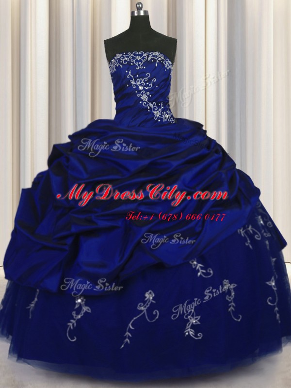 Royal Blue Ball Gowns Beading and Embroidery and Pick Ups Quinceanera Dresses Lace Up Taffeta Sleeveless Floor Length