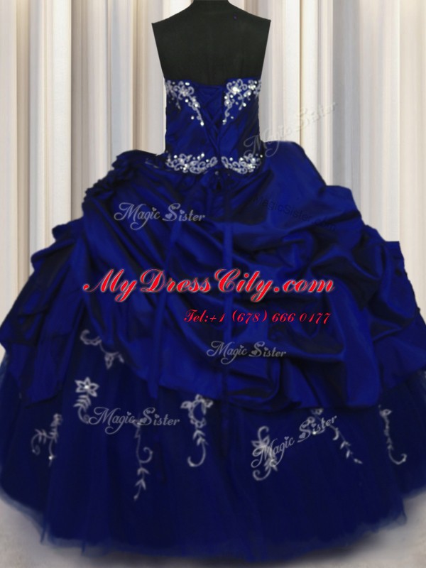 Royal Blue Ball Gowns Beading and Embroidery and Pick Ups Quinceanera Dresses Lace Up Taffeta Sleeveless Floor Length