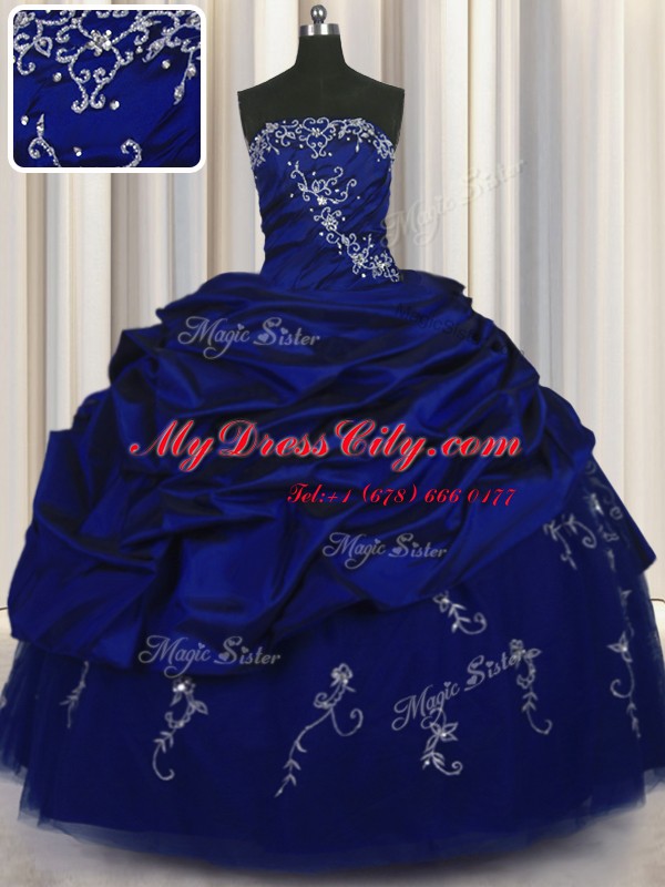 Royal Blue Ball Gowns Beading and Embroidery and Pick Ups Quinceanera Dresses Lace Up Taffeta Sleeveless Floor Length