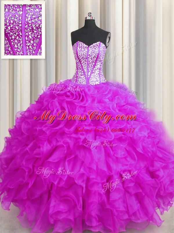 Exceptional Visible Boning Beaded Bodice Fuchsia Lace Up Sweetheart Beading and Ruffles Quinceanera Dresses Organza Sleeveless