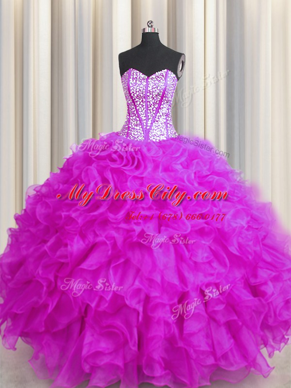 Exceptional Visible Boning Beaded Bodice Fuchsia Lace Up Sweetheart Beading and Ruffles Quinceanera Dresses Organza Sleeveless