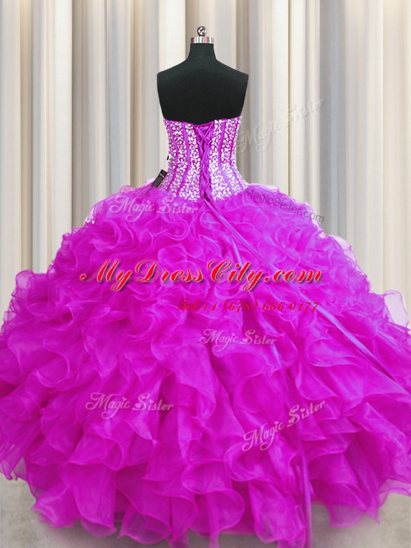 Exceptional Visible Boning Beaded Bodice Fuchsia Lace Up Sweetheart Beading and Ruffles Quinceanera Dresses Organza Sleeveless