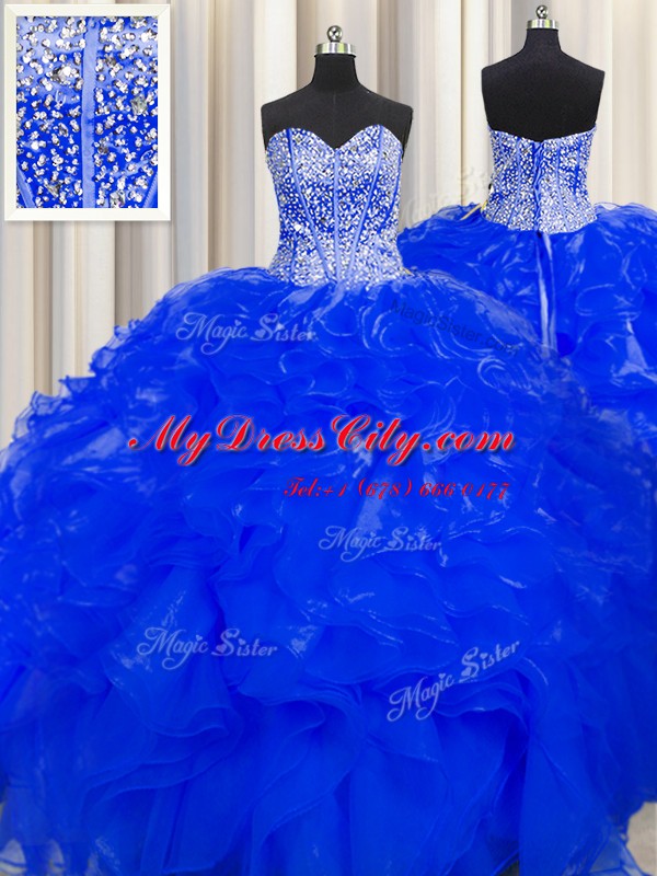 Visible Boning Beaded Bodice Royal Blue Ball Gowns Sweetheart Sleeveless Organza Floor Length Lace Up Beading and Ruffles Ball Gown Prom Dress