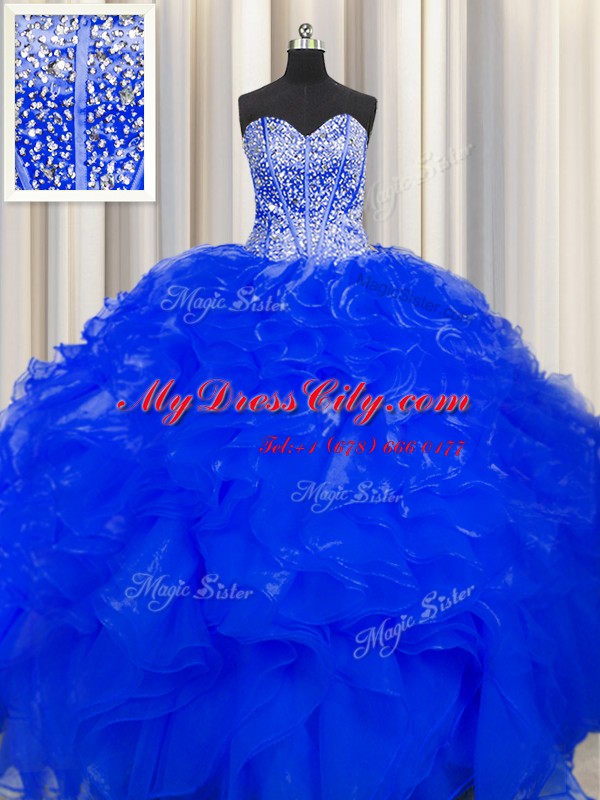 Visible Boning Beaded Bodice Royal Blue Ball Gowns Sweetheart Sleeveless Organza Floor Length Lace Up Beading and Ruffles Ball Gown Prom Dress